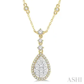 1 Ctw Round Cut Lovebright Diamond Pear Shape Necklace in 14K Yellow and White Gold