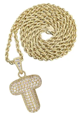 10K Yellow Gold Bubble Letter "T" CZ Necklace | Appx. 13 Grams