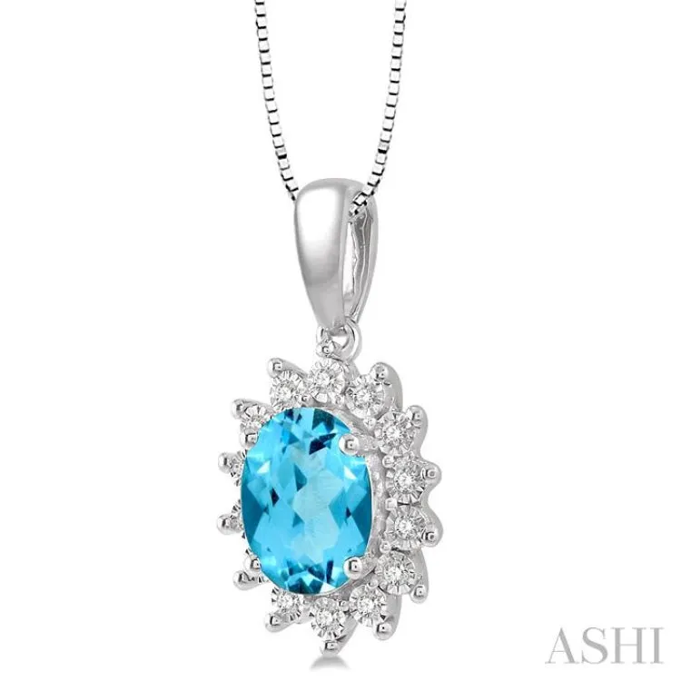 1/10 Ctw Oval Shape 8x6 MM Blue Topaz & Round Cut Diamond Semi Precious Pendant in 10K White Gold