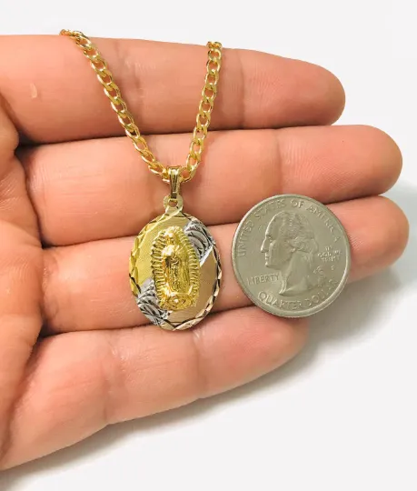 14K Gold Filled Our lady Of Guadalupe Necklace 24" Guadalupe Tri-Color Pendant 26x18mm / Cadena y Dije de La Virgen de Guadalupe Oro Laminado