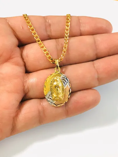 14K Gold Filled Our lady Of Guadalupe Necklace 24" Guadalupe Tri-Color Pendant 26x18mm / Cadena y Dije de La Virgen de Guadalupe Oro Laminado