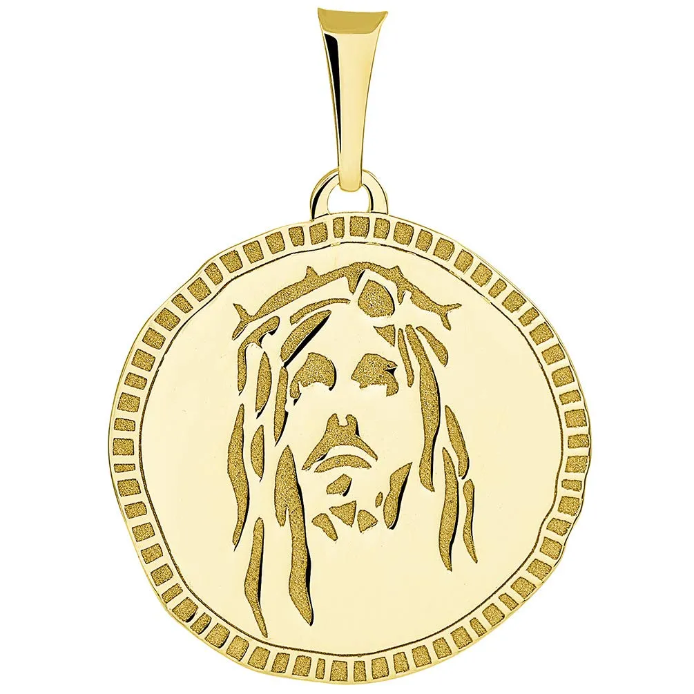 14k Gold Hand Engraved Face of Jesus Christ Medallion Pendant with Figaro Chain Necklace - Yellow Gold