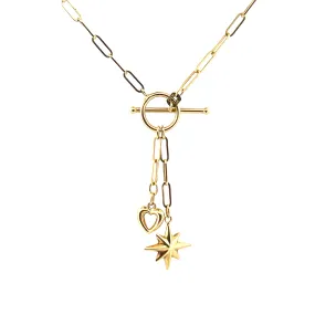 14K Gold Paper Clip Star and Heart Charm Necklace