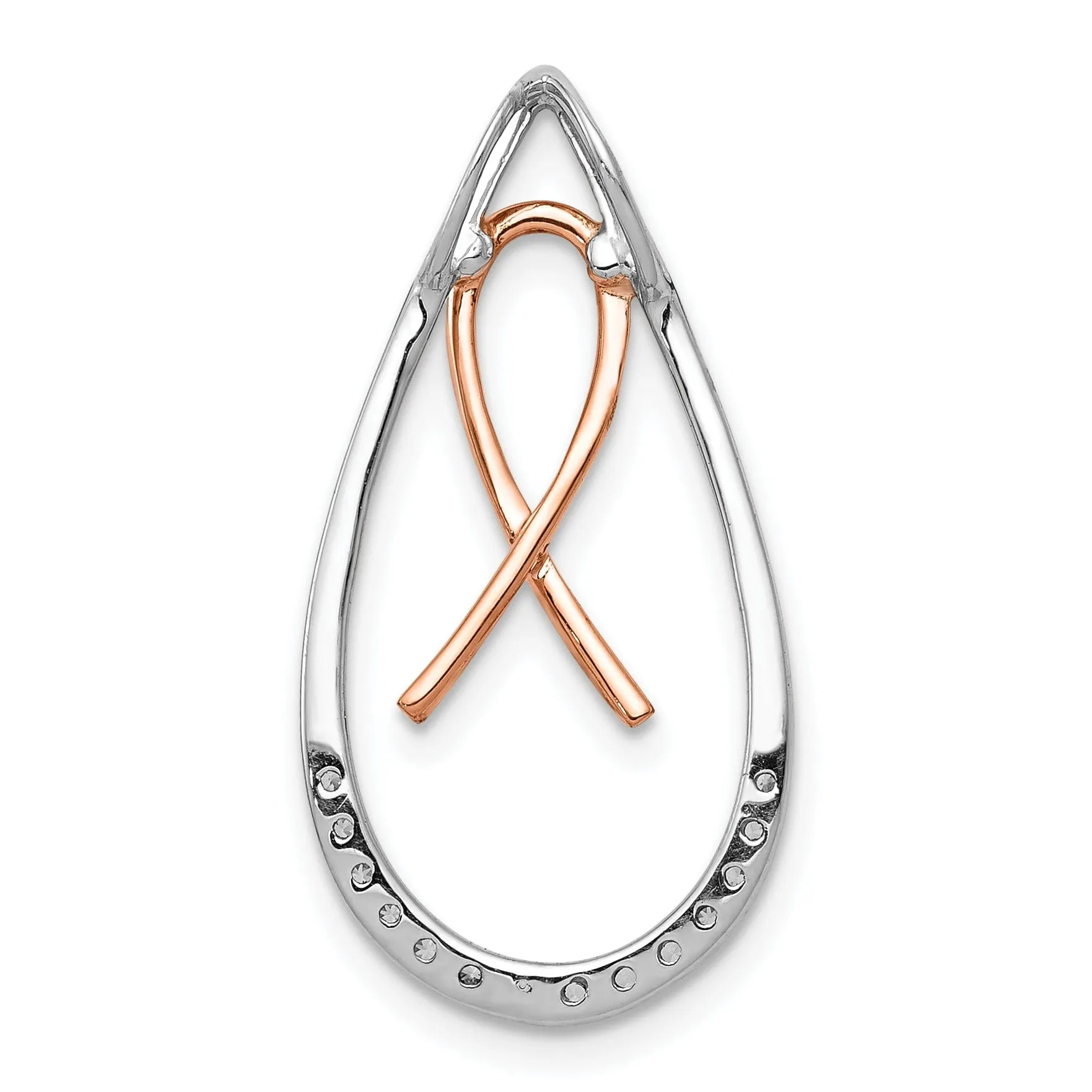 14k Two Tone Gold Open Back Polished Finish 0.09CT Diamond Awareness Ribbon Teardrop Design Chain Slide Pendant will not fit on Omega Chain