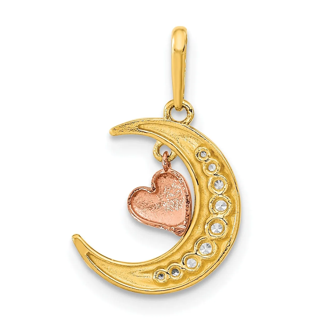 14K Two Tone Gold Open Back Polished Finish with Cubic Zirconia Stones Moon Dangle Heart Design Charm Pendant