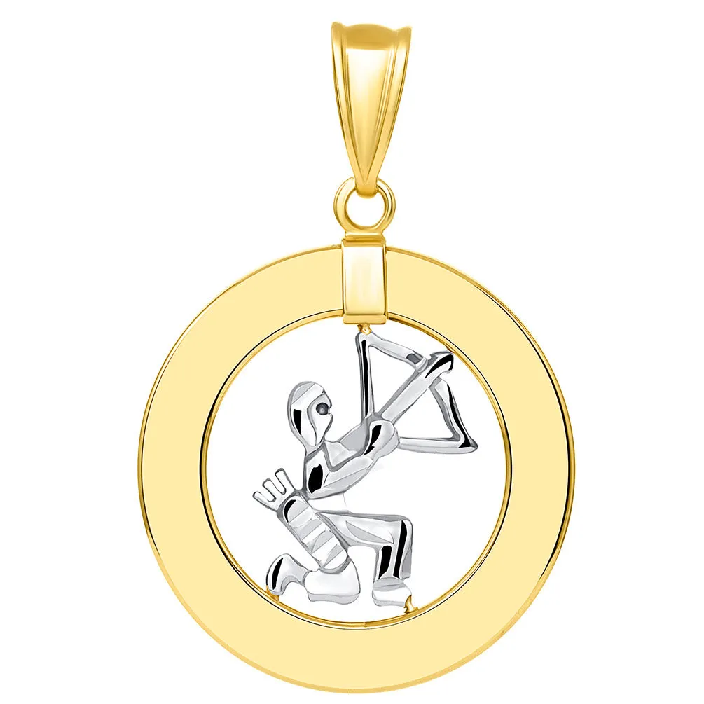 14k Two Tone Gold Open Circle Sagittarius Zodiac Sign Pendant