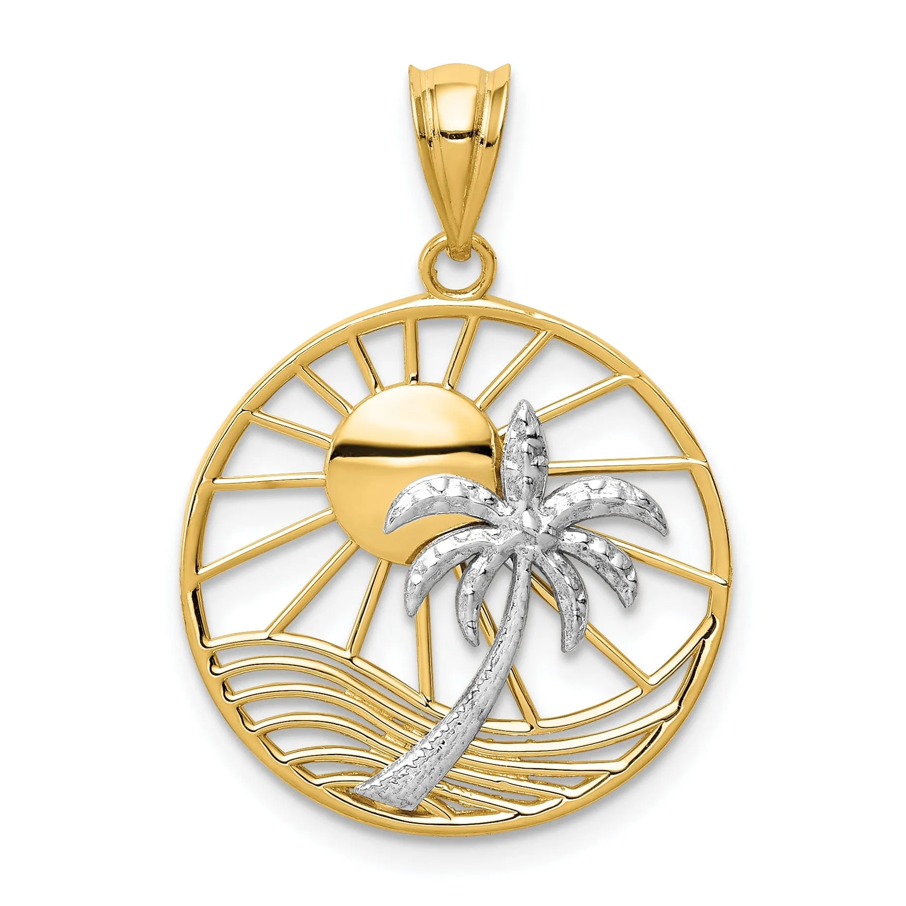 14K Two Tone Gold Solid Polished Finish Concave Shape Sun with Palm Tree Design Charm Pendant