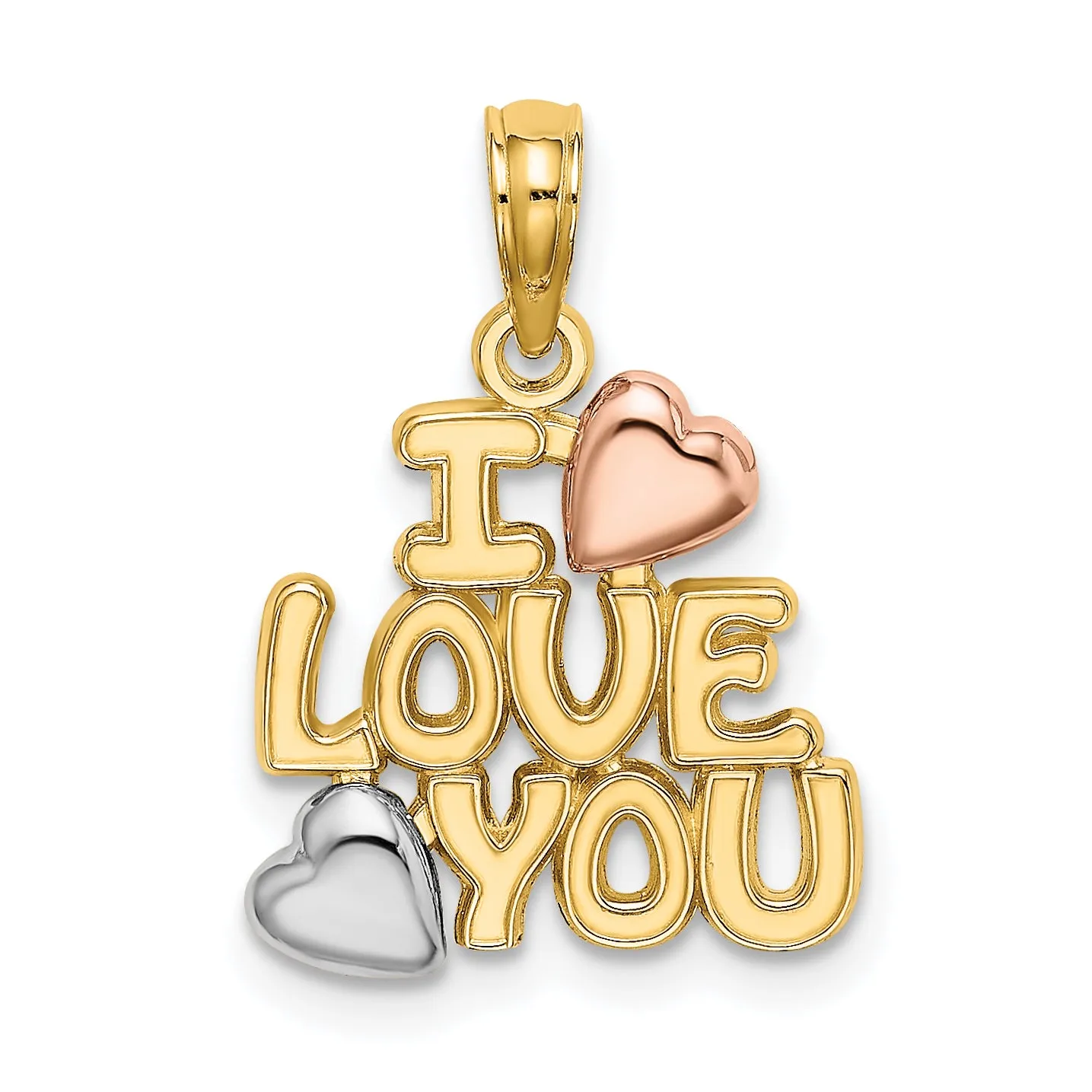 14k Two Tone Gold White Rhodium I LOVE YOU Hearts Pendant