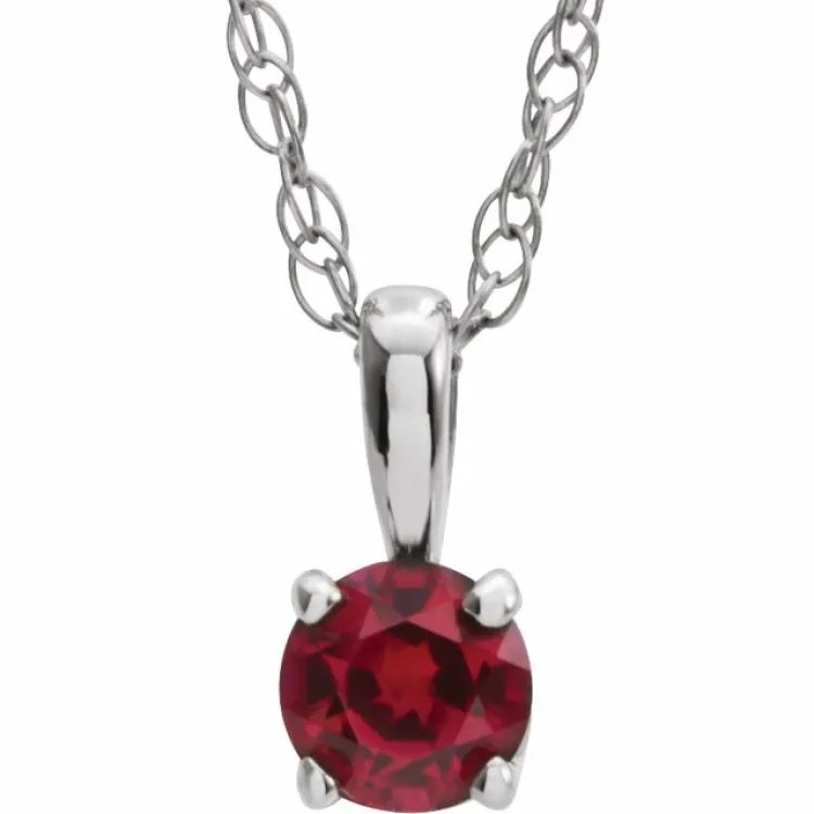 14K White 3 mm Imitation Ruby Youth Solitaire 14" Necklace