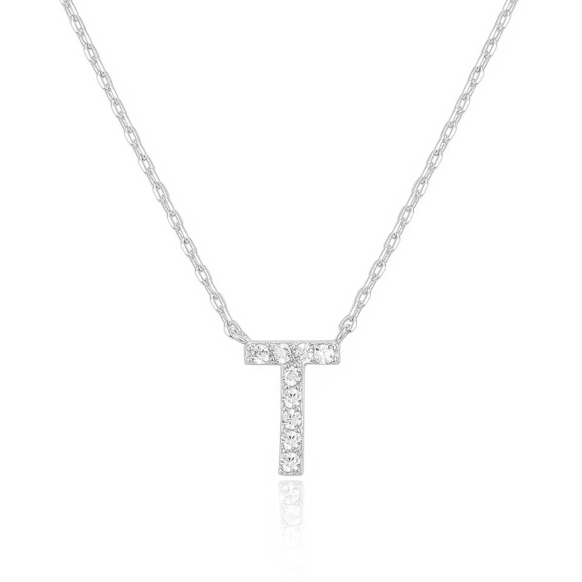 14k White Gold Created Diamond Initial T Letter Pendant Necklace Plated