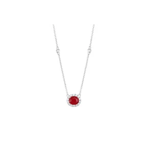 14K White Gold East to West Oval Ruby with Diamond Halo Pendant Necklace