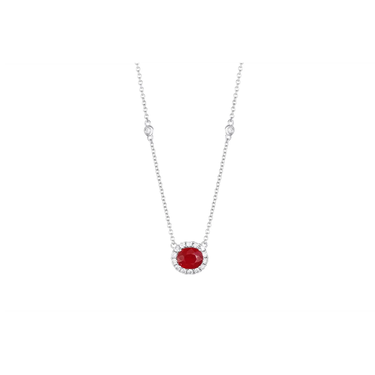 14K White Gold East to West Oval Ruby with Diamond Halo Pendant Necklace