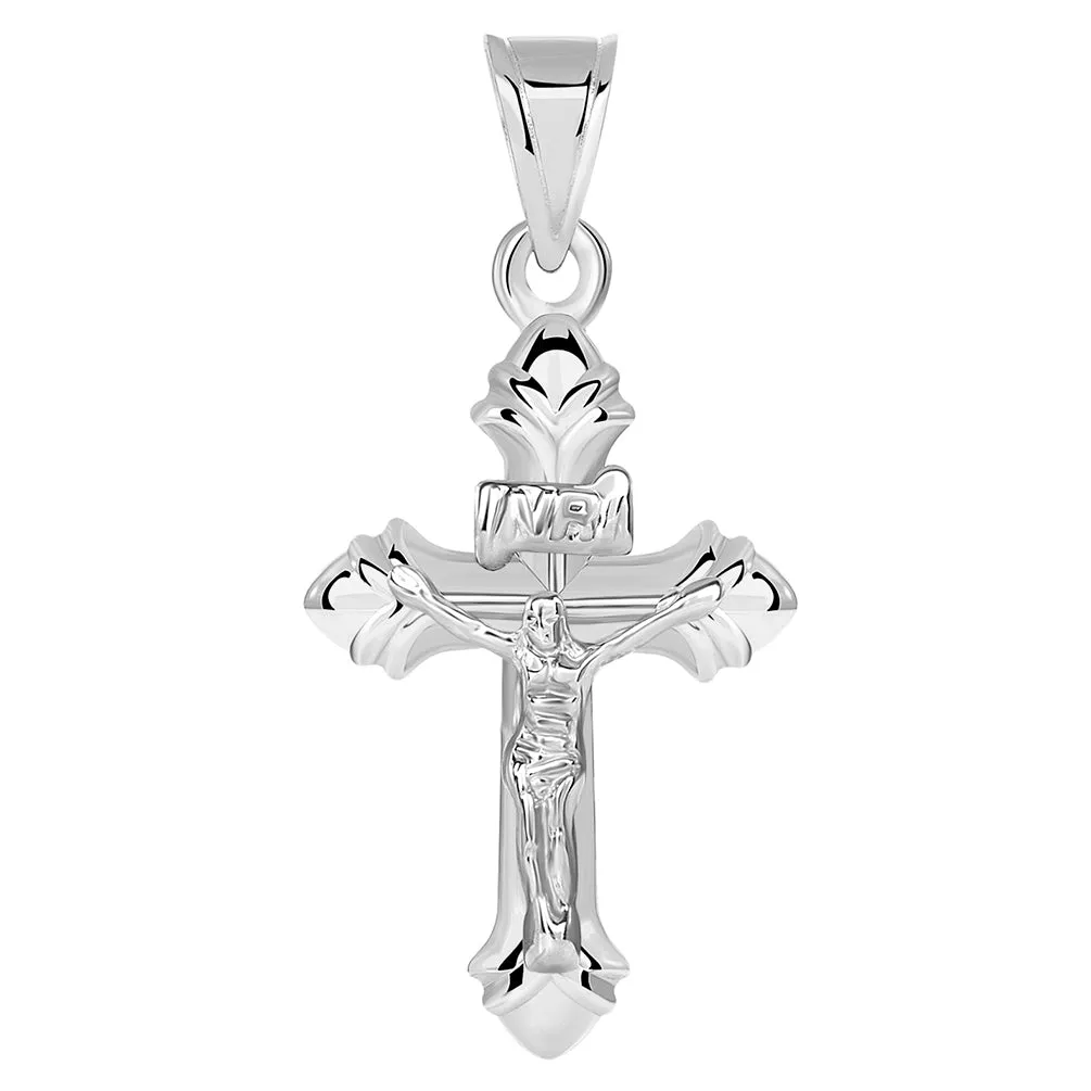 14k White Gold INRI Fleur-de-Lis Crucifix Cross Pendant (34.5mm x 16.7mm)