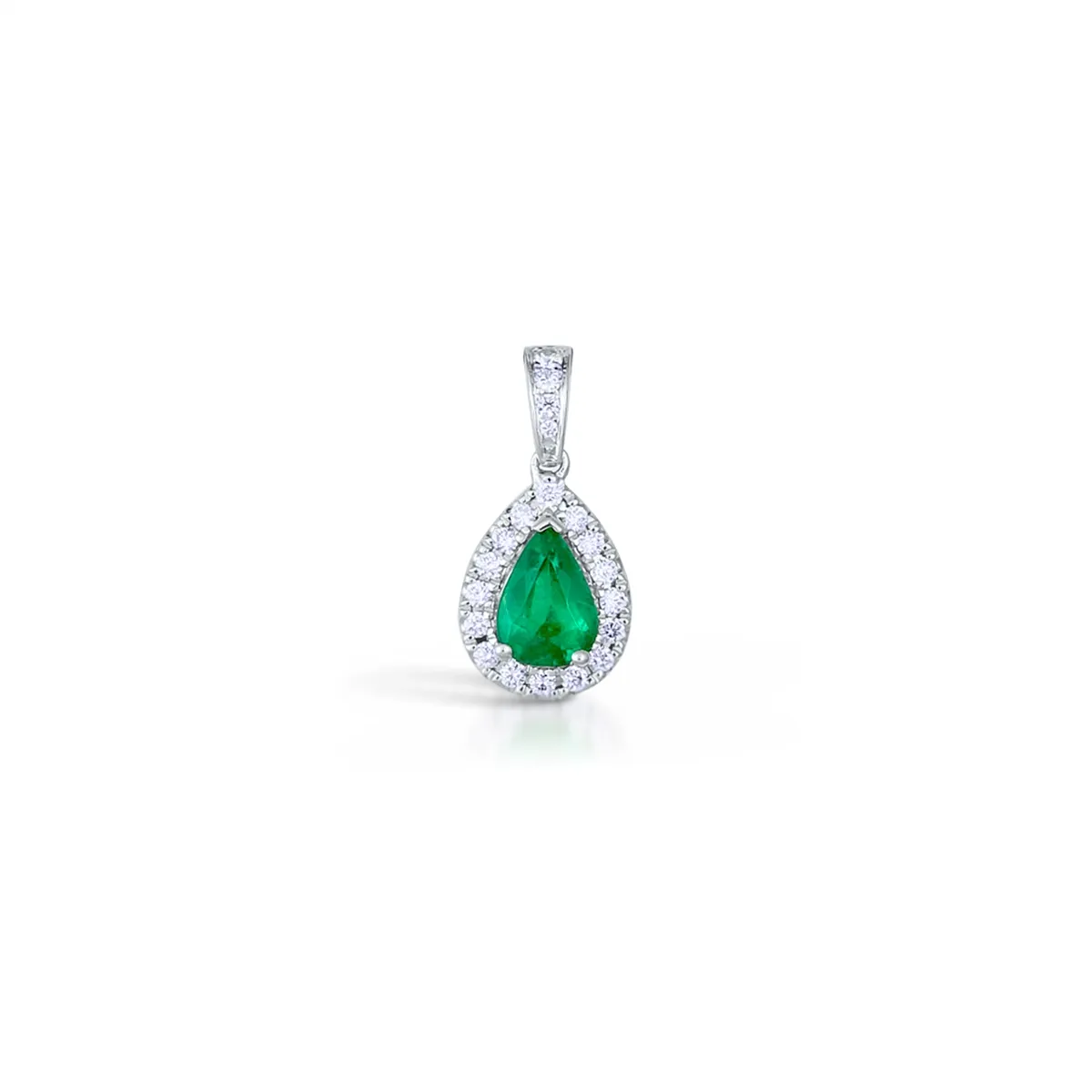 14K White Gold Pear Cut Emerald Pendant with Diamond Halo