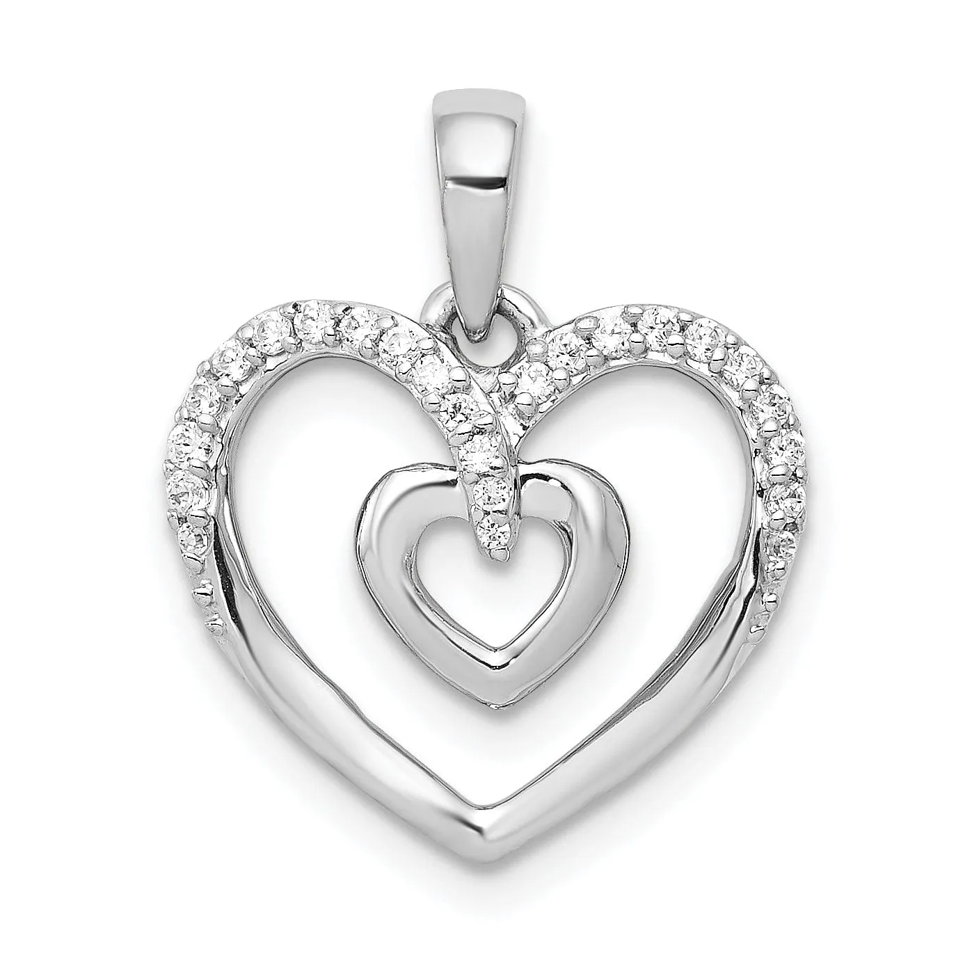 14k White Gold  Polished Finish 0.11-CT Diamond Double Heart in Heart Design Charm Pendant