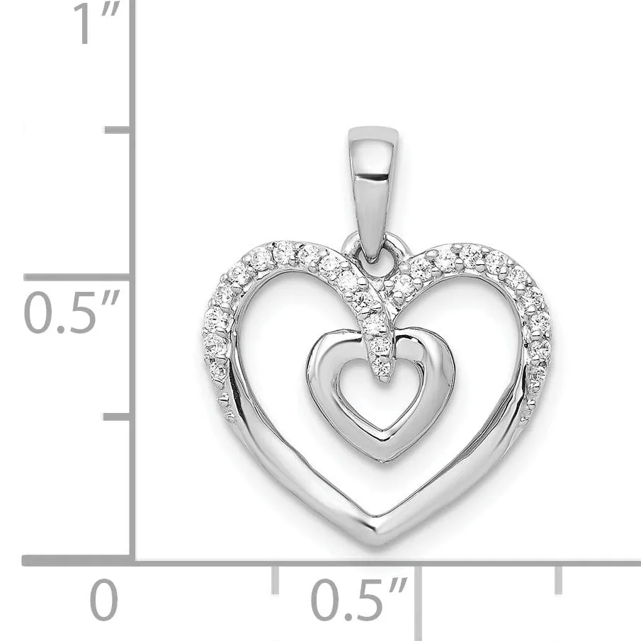 14k White Gold  Polished Finish 0.11-CT Diamond Double Heart in Heart Design Charm Pendant