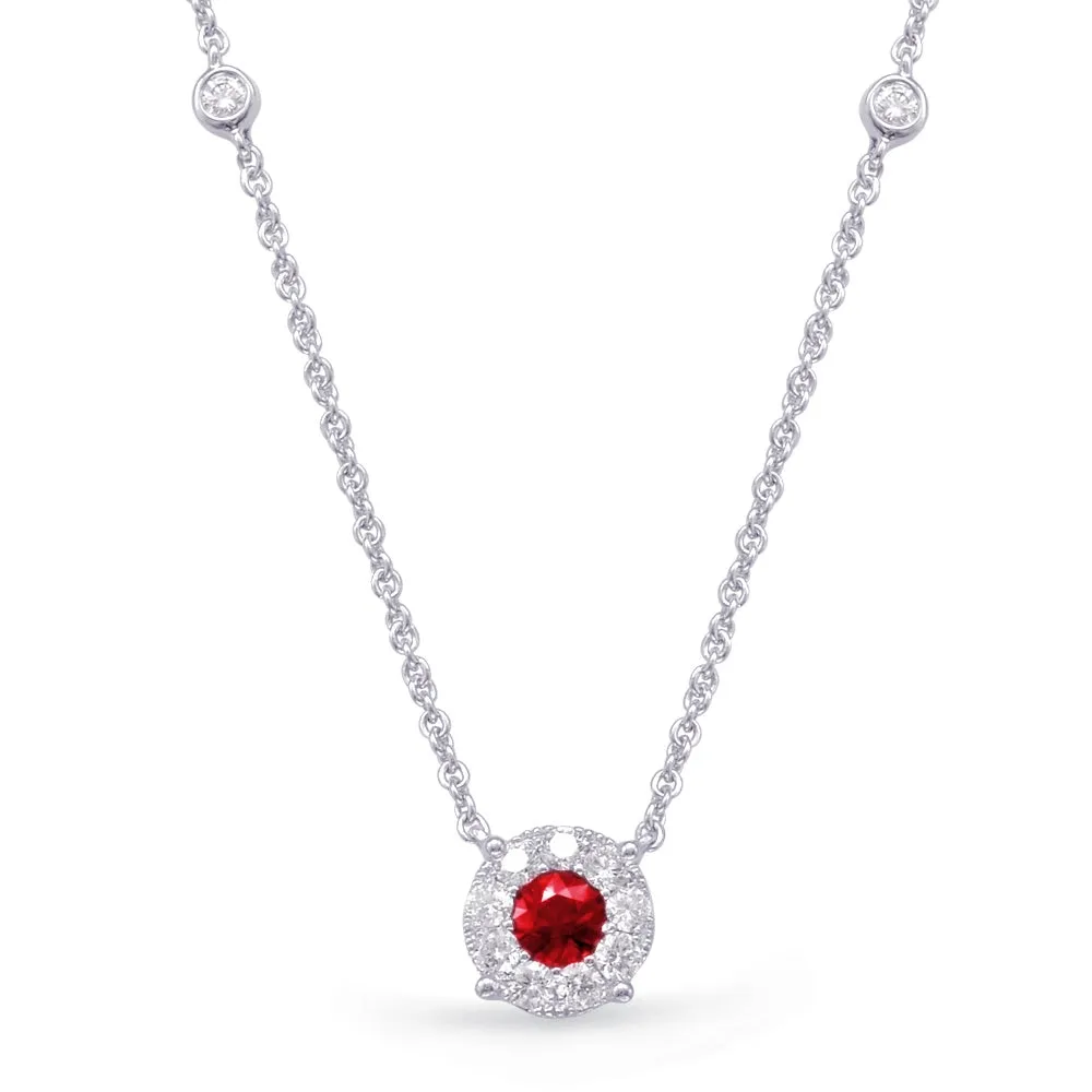 14K White Gold Ruby Pendant with Diamond Halo Necklace