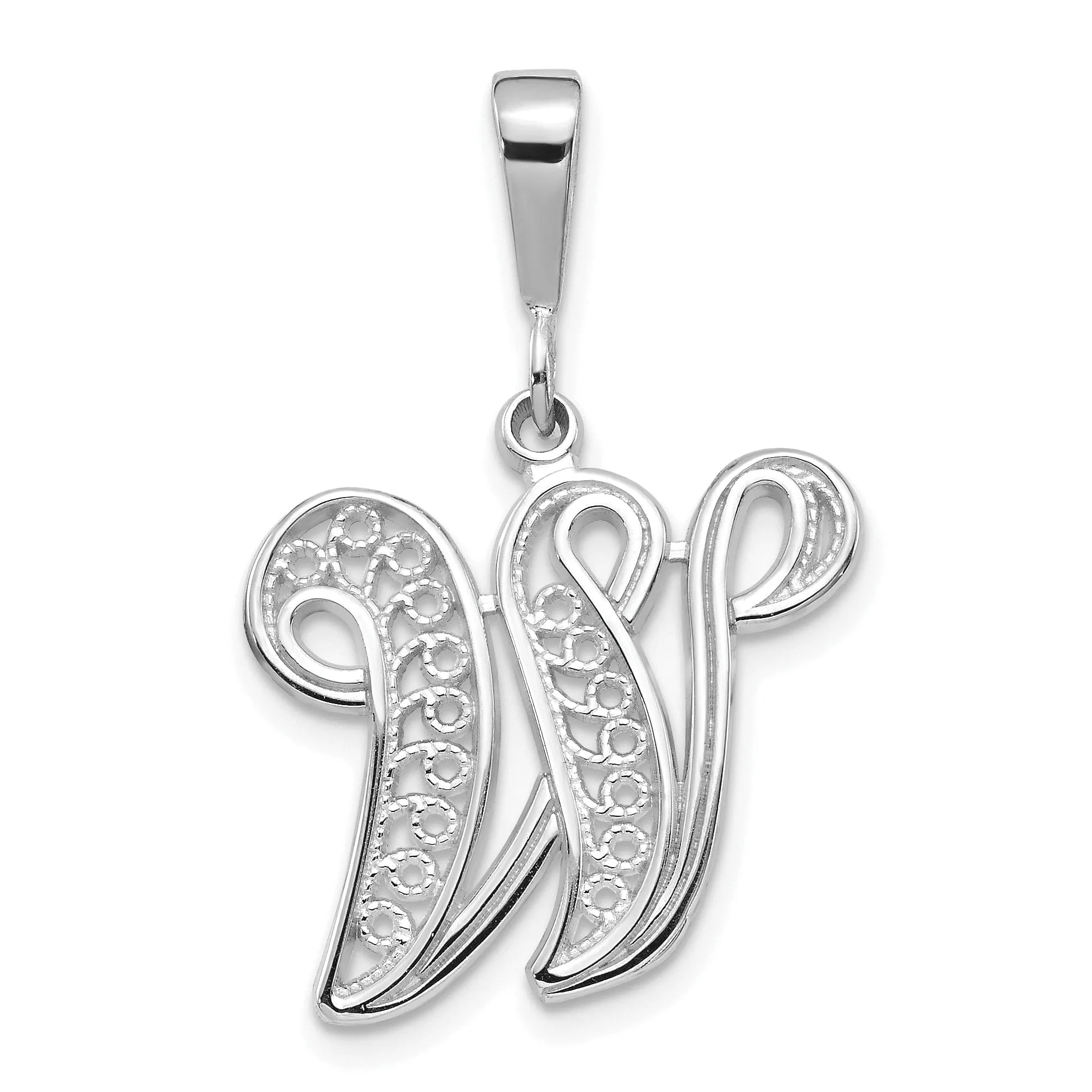 14K White GoldFancy Filigree Script Design Letter W Initial Pendant