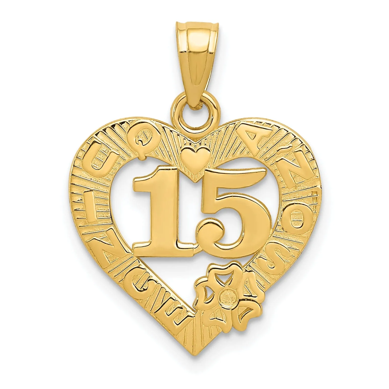 14k Yellow Gold 15 in Quince Anos Heart Frame Pendant. Engraving fee $22.00.