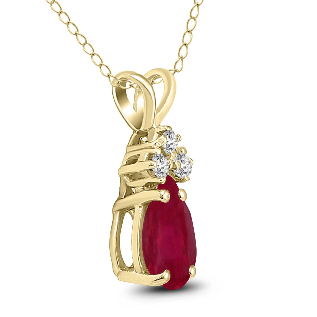 14K Yellow Gold 6X4Mm Pear Ruby And Three Stone Diamond Pendant