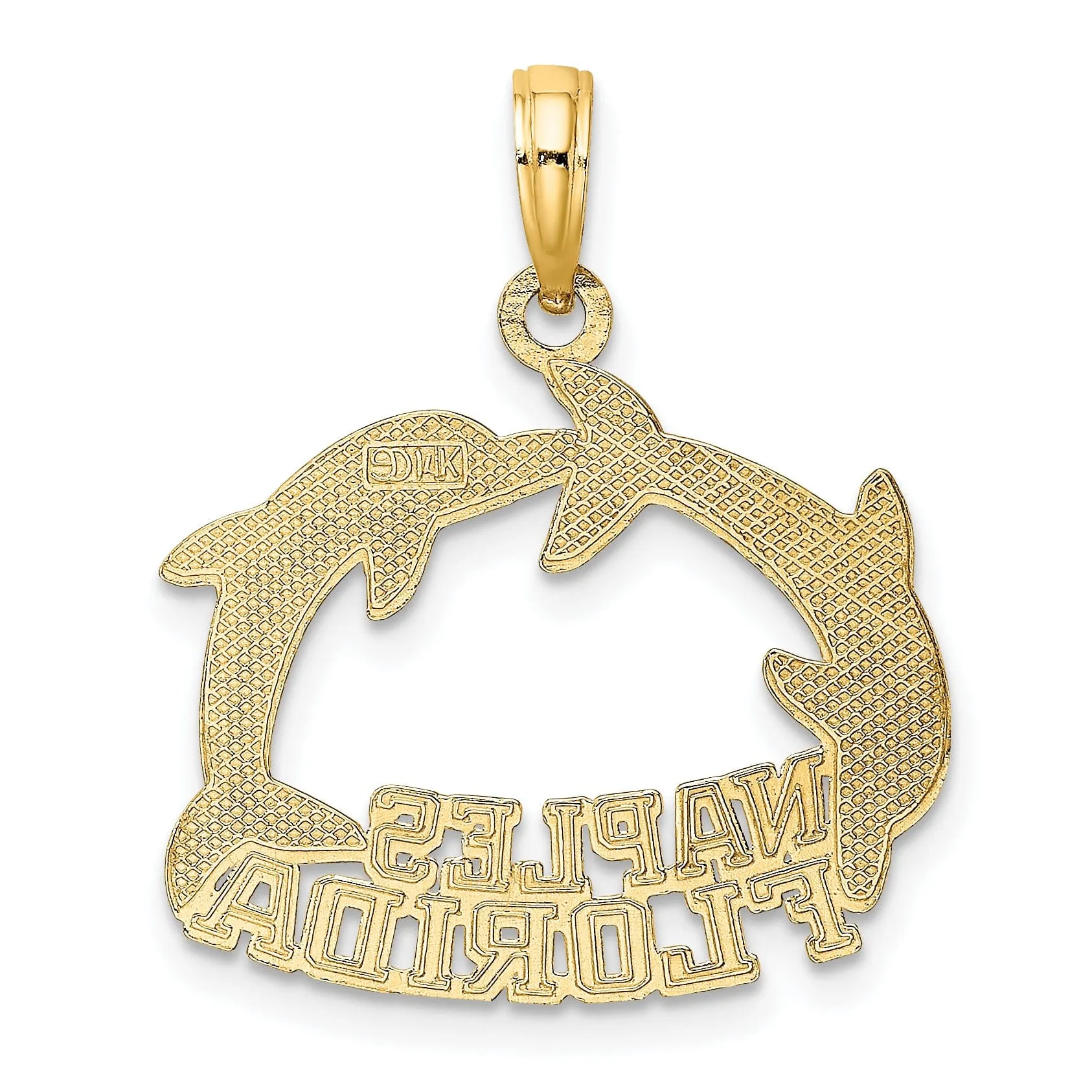 14K Yellow Gold Polished Finish NAPLES FLORIDA Double Jumping Dolphins Charm Pendant