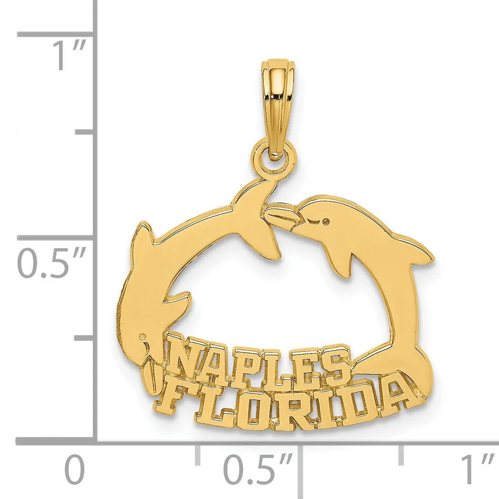 14K Yellow Gold Polished Finish NAPLES FLORIDA Double Jumping Dolphins Charm Pendant