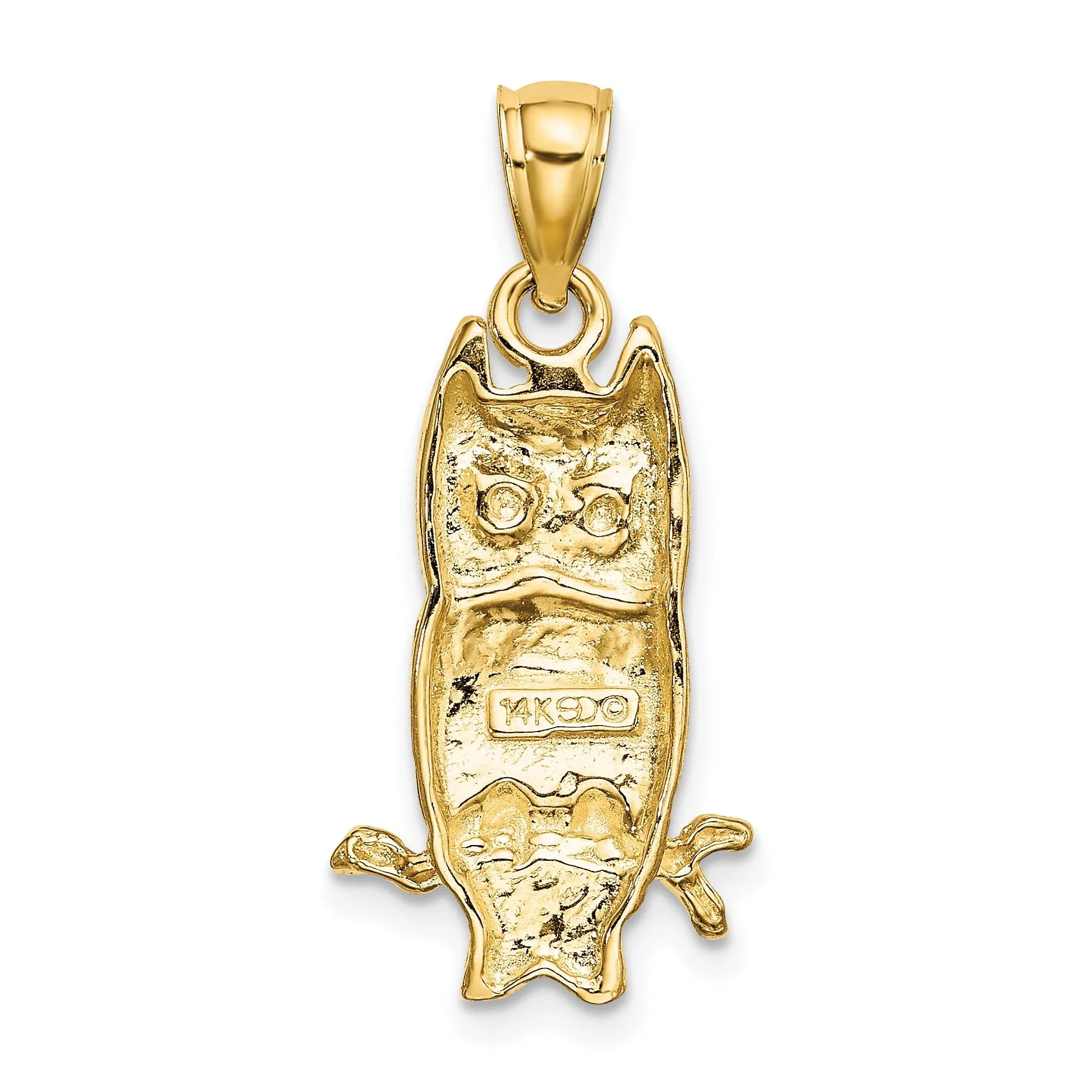 14K Yellow Gold Polished Textured Finish Concave Shape Owl on Branch Charm Pendant