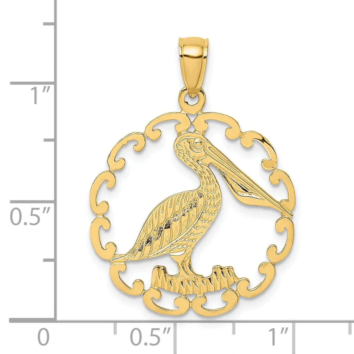 14K Yellow Gold Polished Textured Finish Pelican In Circle Design Charm Pendant