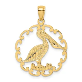 14K Yellow Gold Polished Textured Finish Pelican In Circle Design Charm Pendant