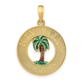 14K Yellow Gold Polished Textured Green, Brown-Color Enameled Finish KEY WEST with Palm Tree in Circle Design Charm Pendant