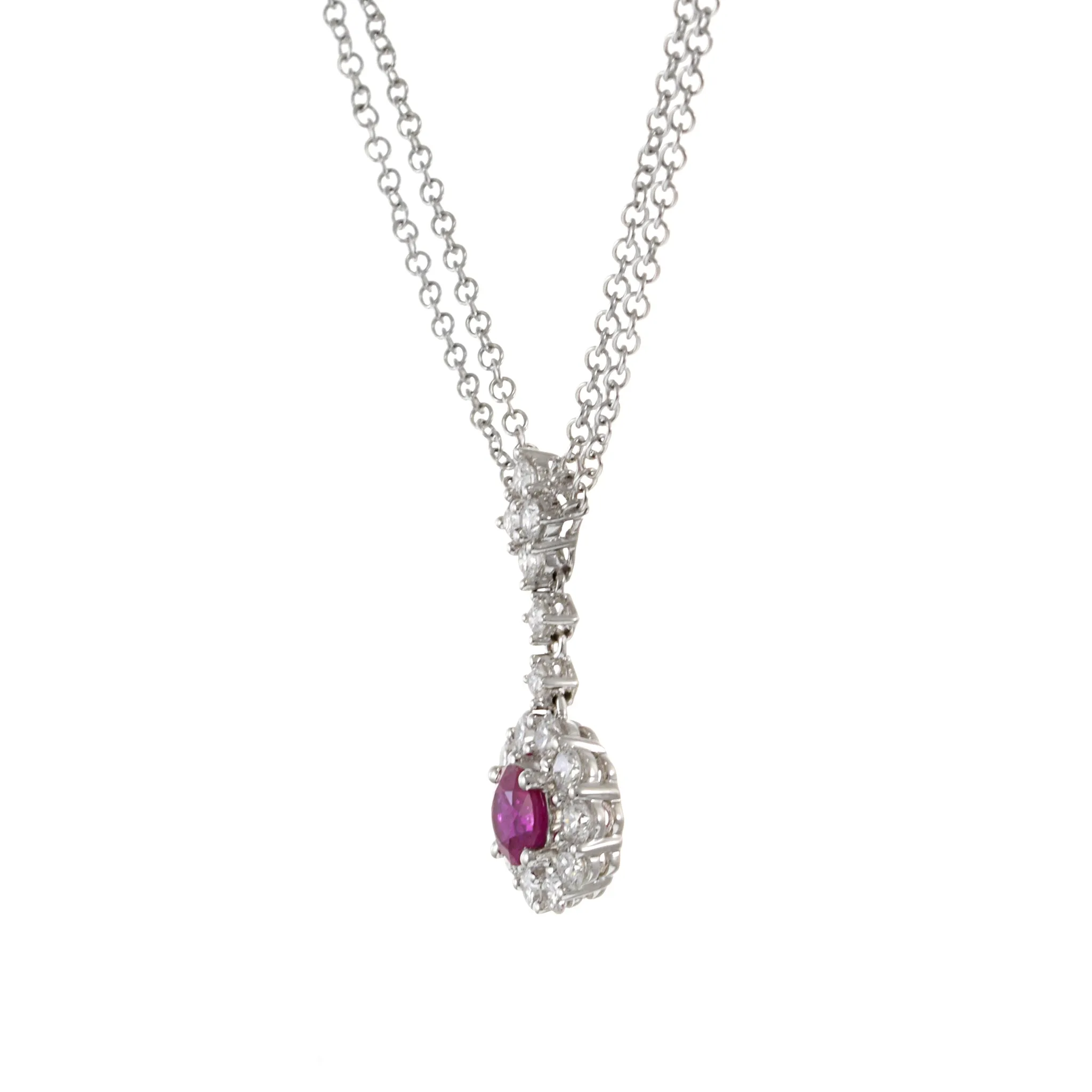 14KT White Gold Ruby Flower Cluster Drop with Diamonds and Double Chain