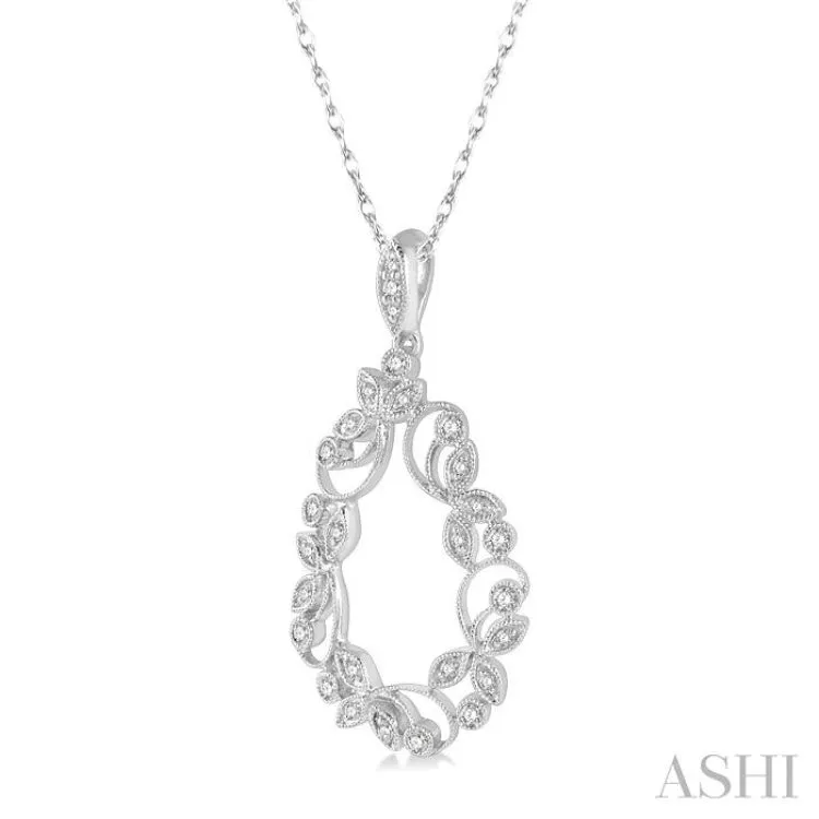 1/5 ctw Leafy Carved Round Cut Diamond Drop Pendant With Chain in 10K White Gold