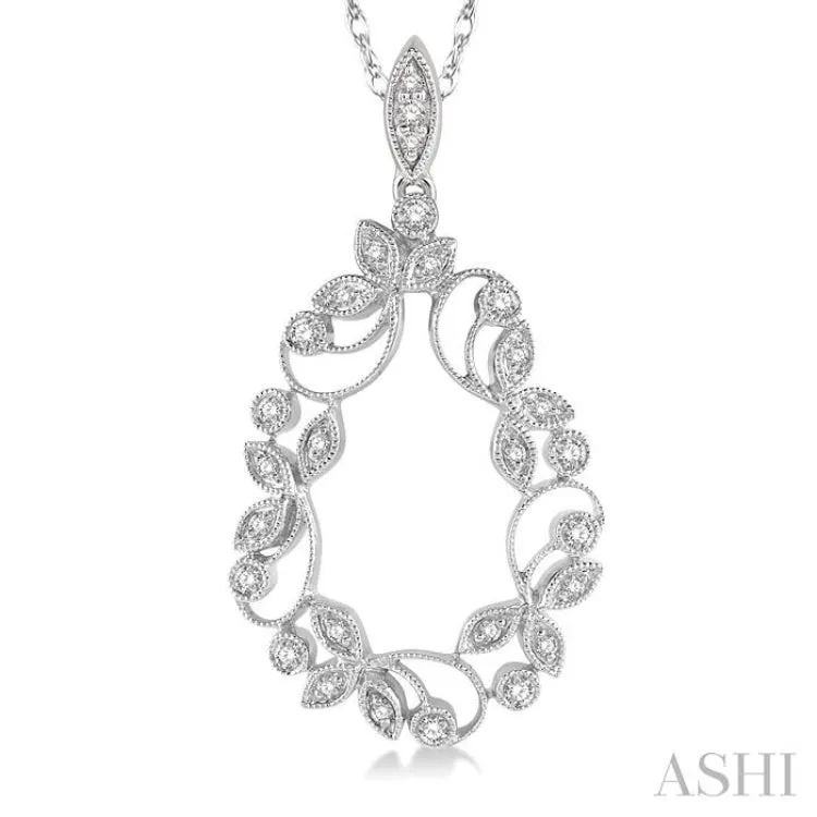 1/5 ctw Leafy Carved Round Cut Diamond Drop Pendant With Chain in 10K White Gold