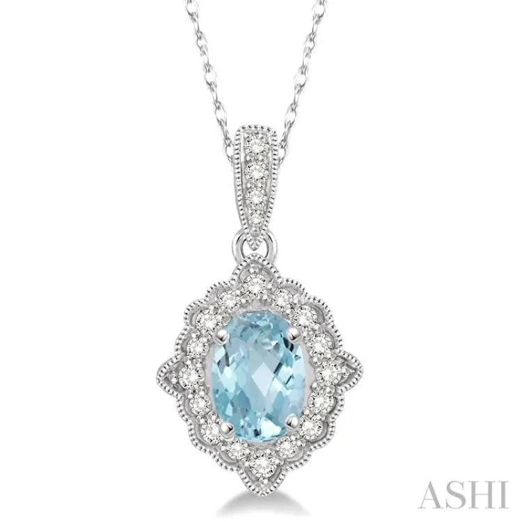 1/6 Ctw Round Cut Diamond and Ethnic Oval Cut 6x4mm Aquamarine Semi Precious Pendant in 10K White Gold with chain