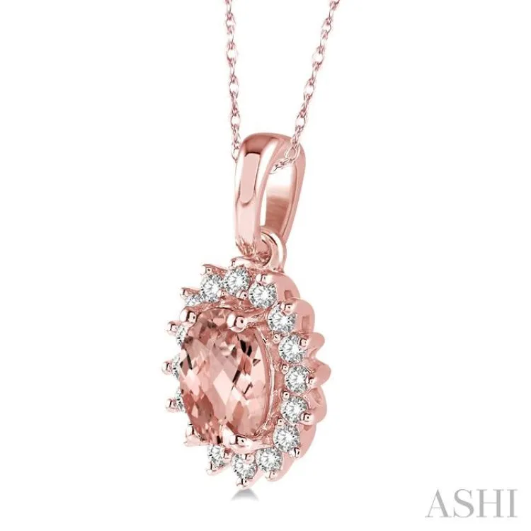 1/8 Ctw Round Cut Diamond and Oval Cut 6x4mm Morganite Center Sunflower Semi Precious Pendant in 10K Rose Gold with chain