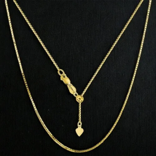 18K Yellow Gold Adjustable Box Chain, adjustable up to 24 inches