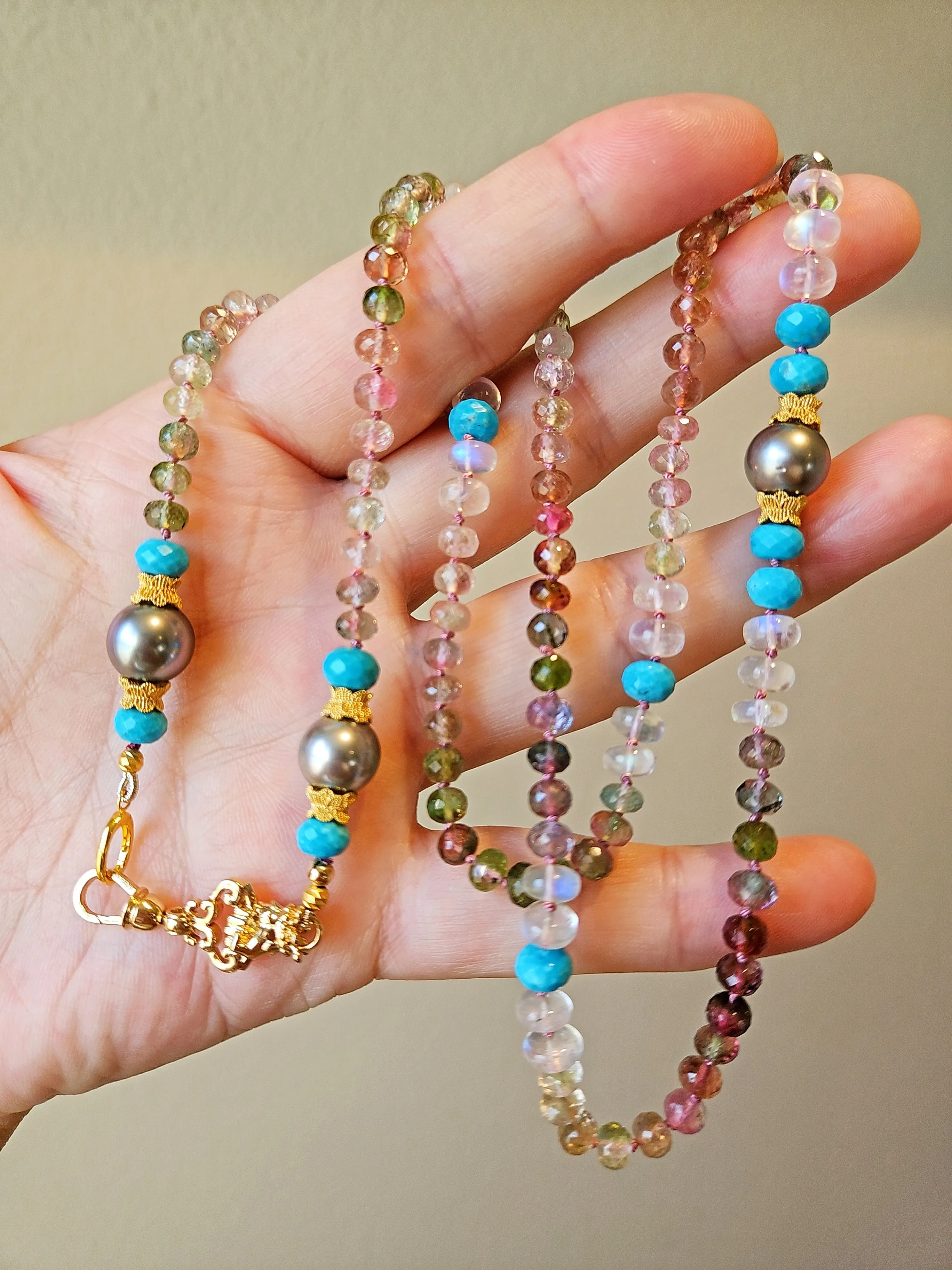 18K Yellow Gold Watermelon Tourmaline, Tahitian Pearl, Sleeping Beauty Turquoise, Rainbow Moonstone Multi Gemstone Long Necklace with Antique Inspired Hand Fist Clasp