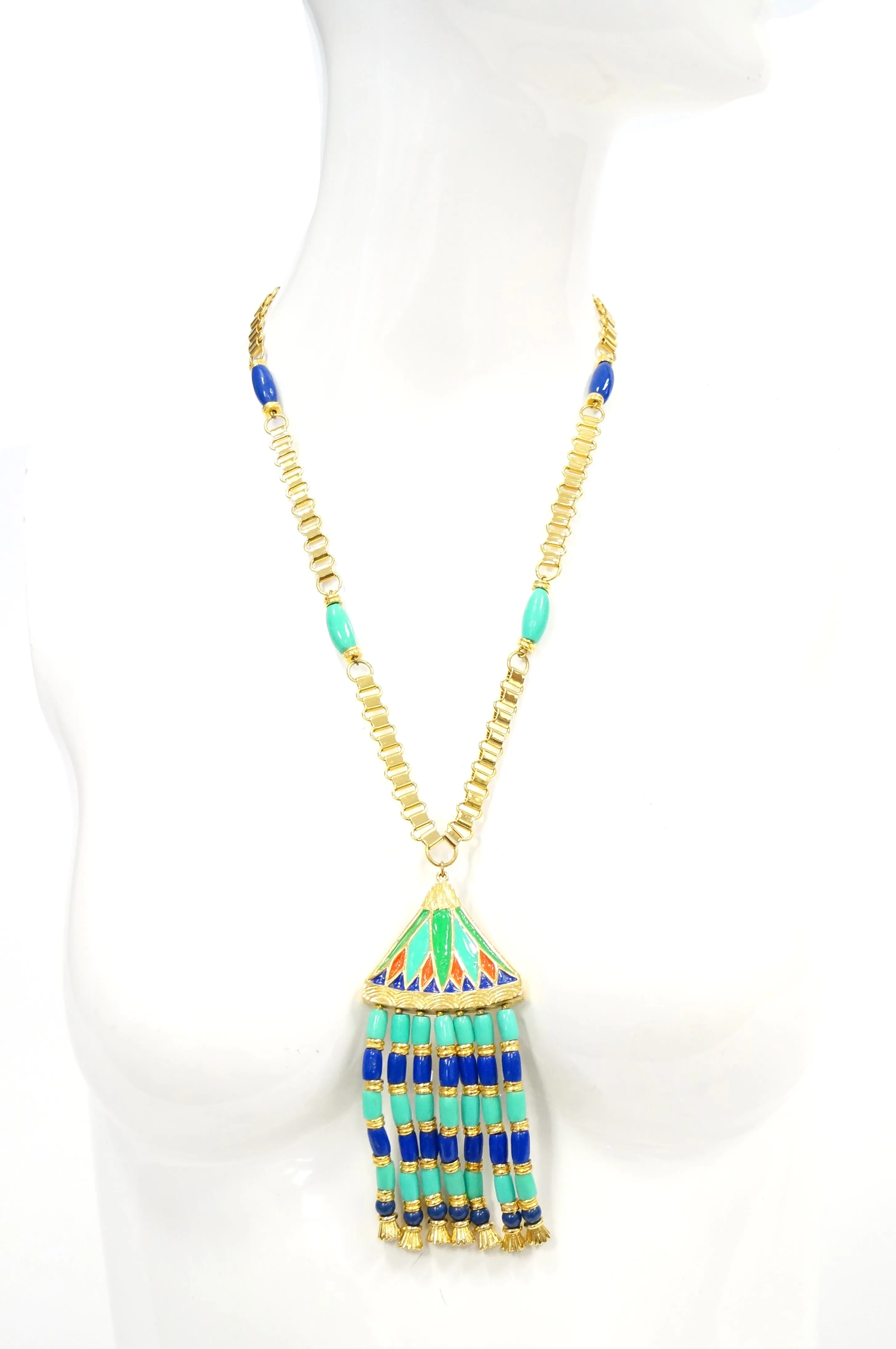 1960s Hattie Carnegie Egyptian Revival Enamel Lotus Necklace