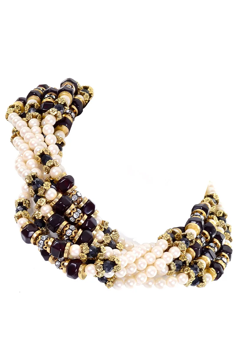 1960s Multi Strand Pearl Rhinestone & Black Bead Necklace W Hand Clasp