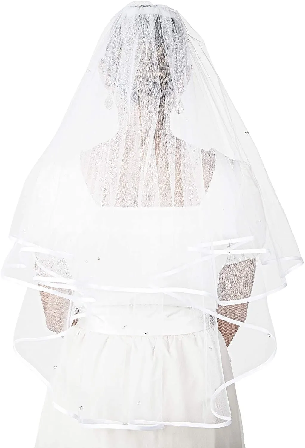 2 Tier Veil for Bride, White Bridal Wedding Veil with Crystals (30 In)