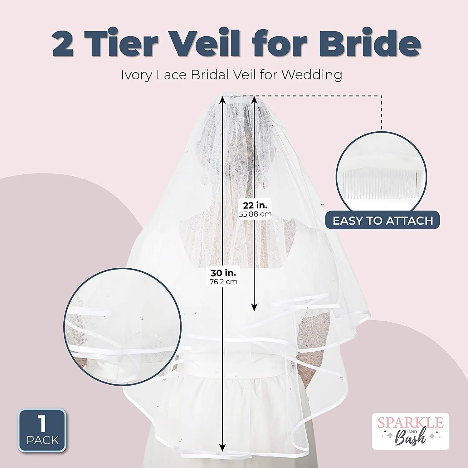 2 Tier Veil for Bride, White Bridal Wedding Veil with Crystals (30 In)