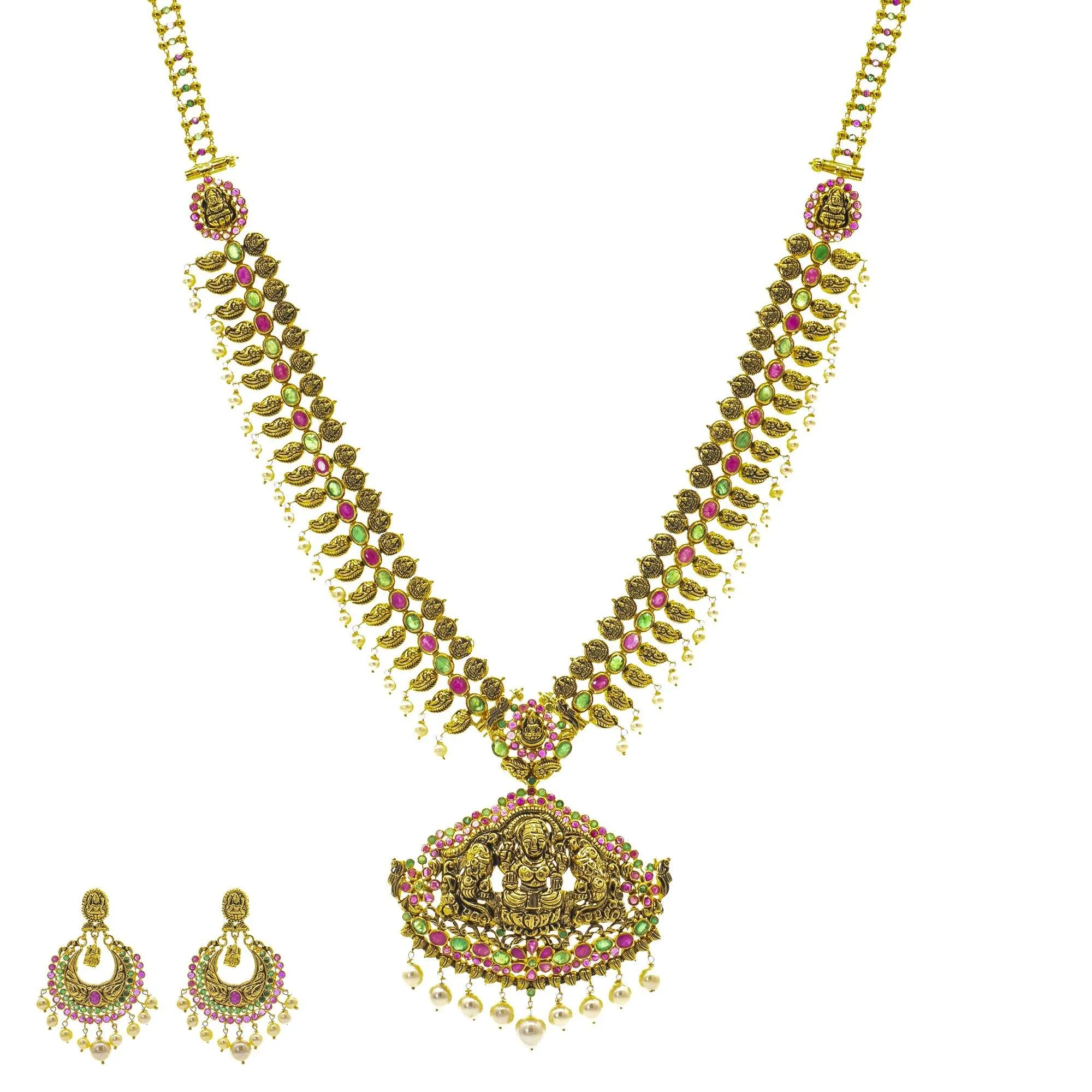 22K Gold Antique Laxmi & Gemstones Temple Set