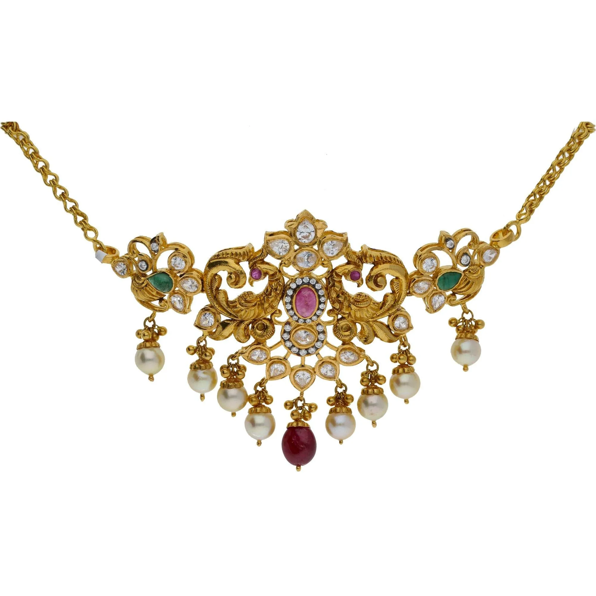 22K Yellow Antique Gold 2-in-1 Choker/Vanki & Chandbali Earrings Set W/ Emerald, Ruby, CZ, Pearls & Double Peacock Design