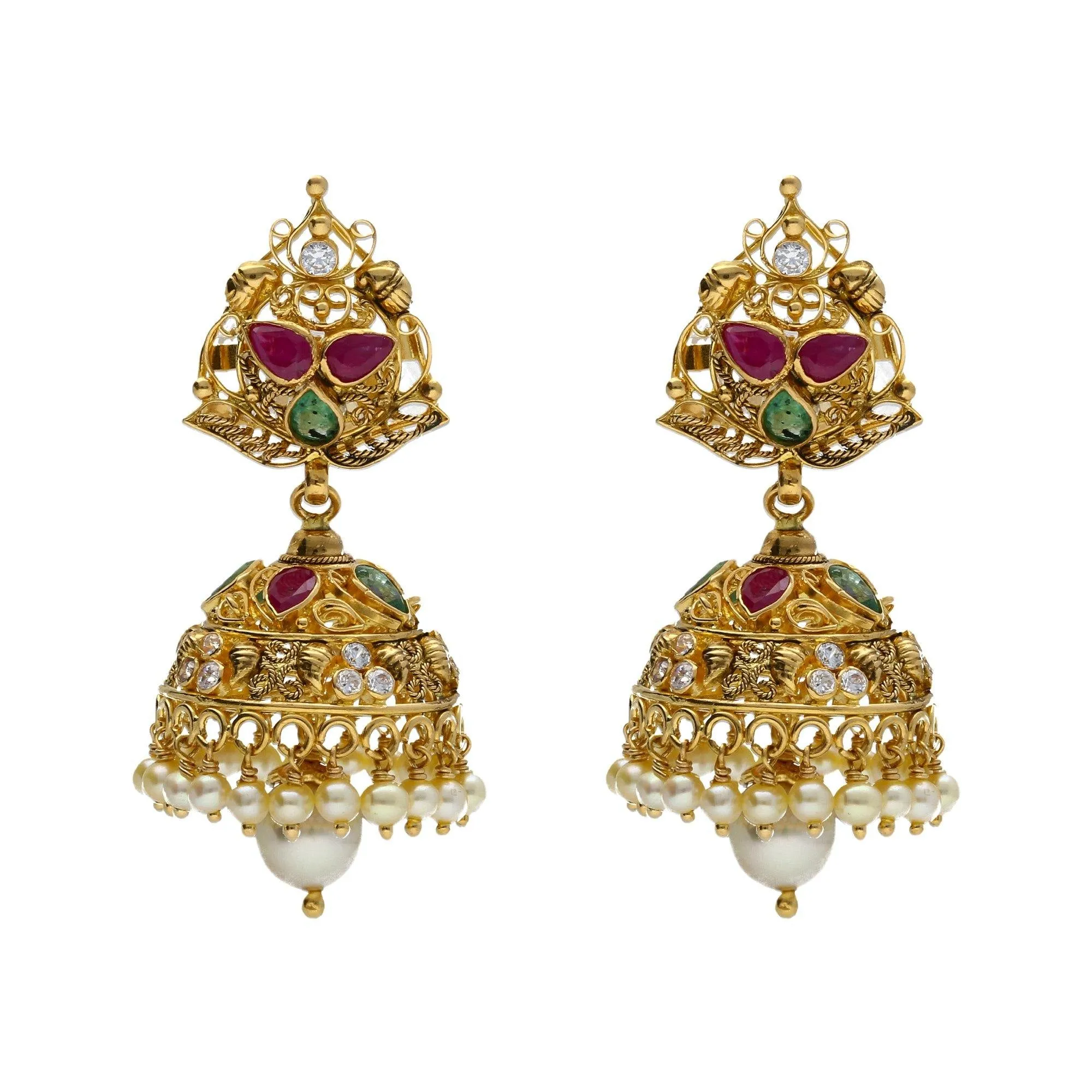 22K Yellow Antique Gold Necklace & Jhumki Earrings Set W/ Jhumki Charms, Peacock Accents, Pearls, Rubies, Emeralds & Pachi CZ