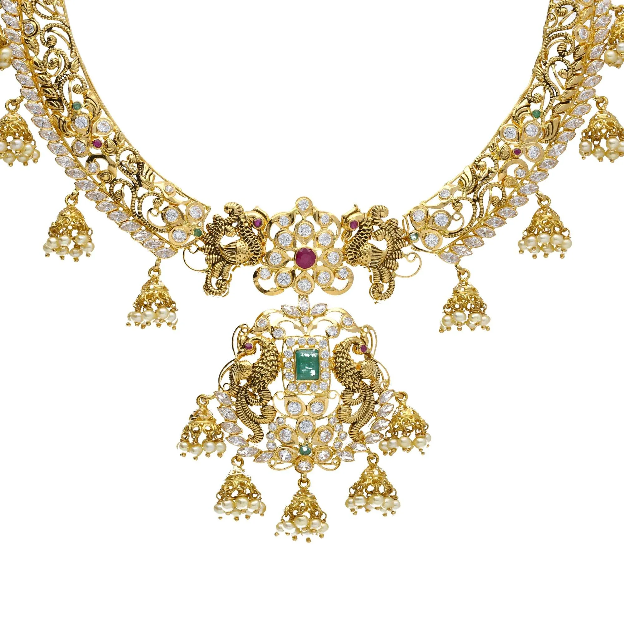 22K Yellow Antique Gold Necklace & Jhumki Earrings Set W/ Jhumki Charms, Peacock Accents, Pearls, Rubies, Emeralds & Pachi CZ