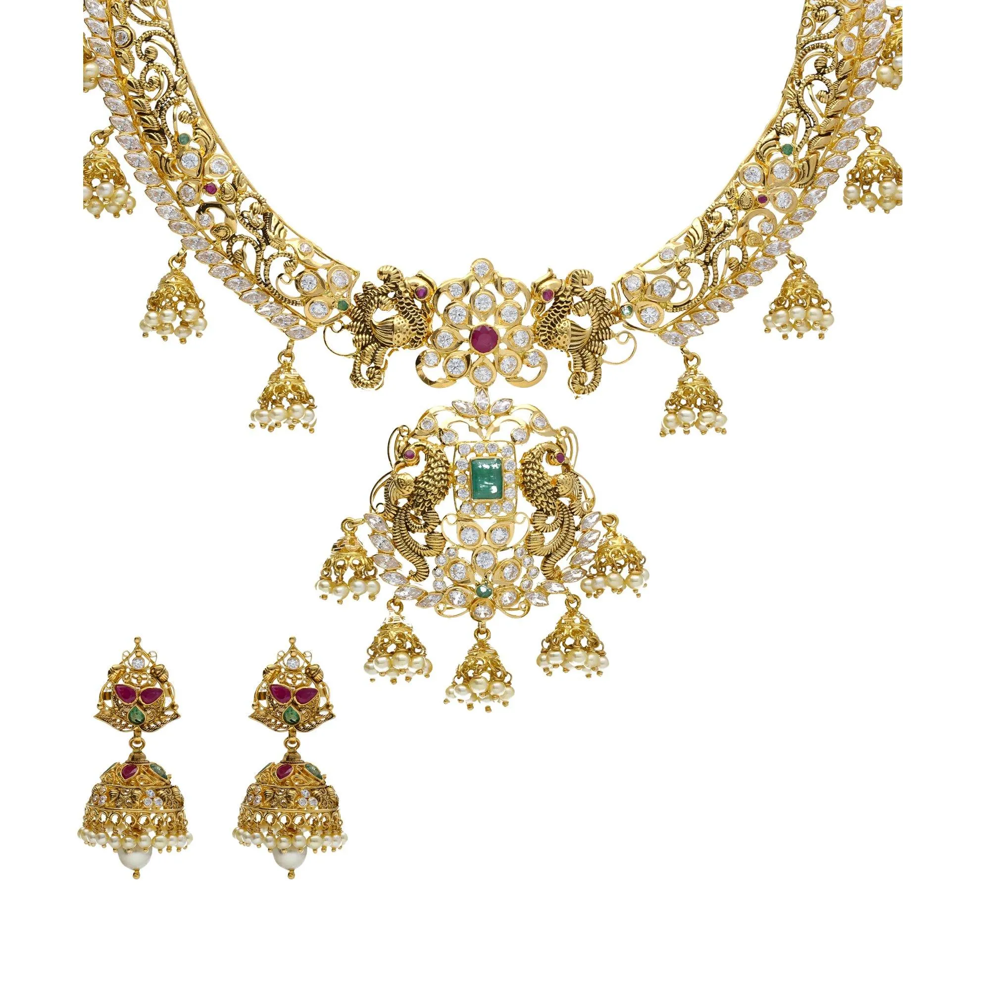 22K Yellow Antique Gold Necklace & Jhumki Earrings Set W/ Jhumki Charms, Peacock Accents, Pearls, Rubies, Emeralds & Pachi CZ