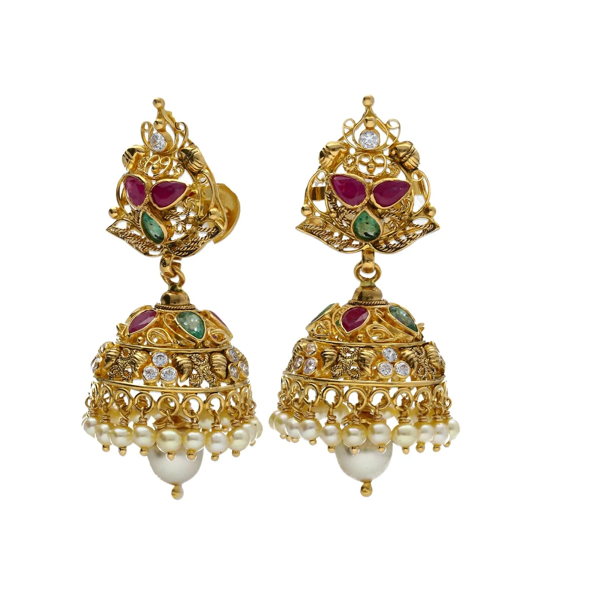 22K Yellow Antique Gold Necklace & Jhumki Earrings Set W/ Jhumki Charms, Peacock Accents, Pearls, Rubies, Emeralds & Pachi CZ