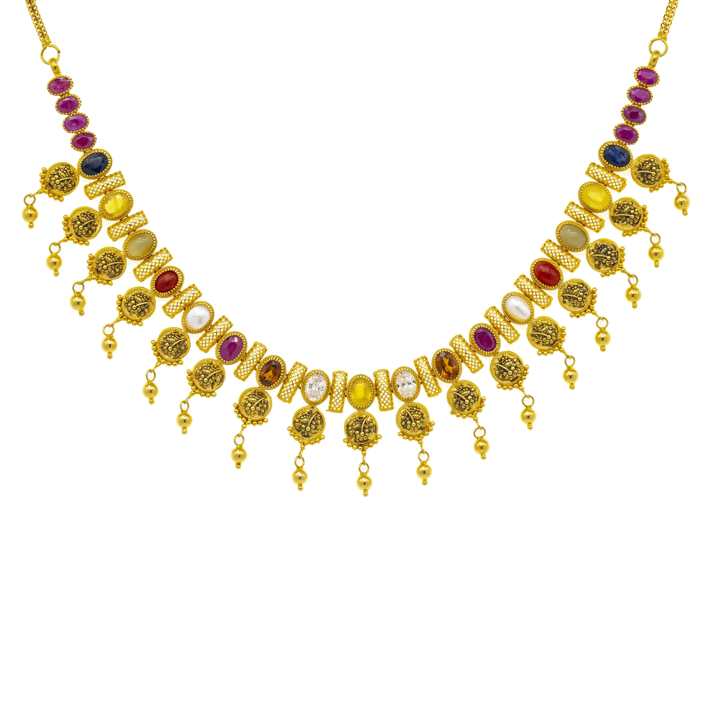 22K Yellow Gold 18 Inch Necklace w/ Emerald, Ruby, Sapphire CZ, & Pearl (42.1gm)