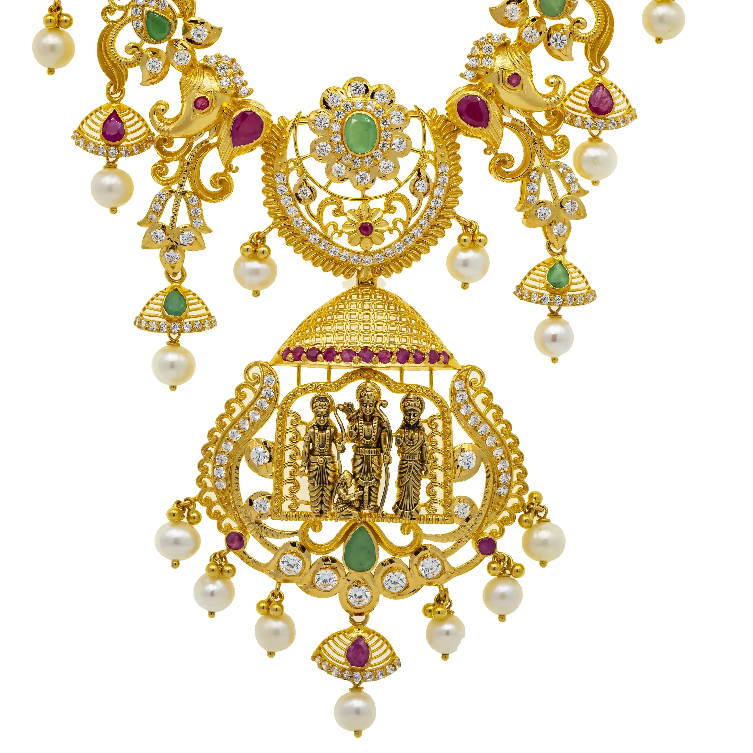 22K Yellow Gold 30 Inch Temple Necklace w/ Emerald, Ruby, CZ, Pearls & Antique Accents (83.7gm)