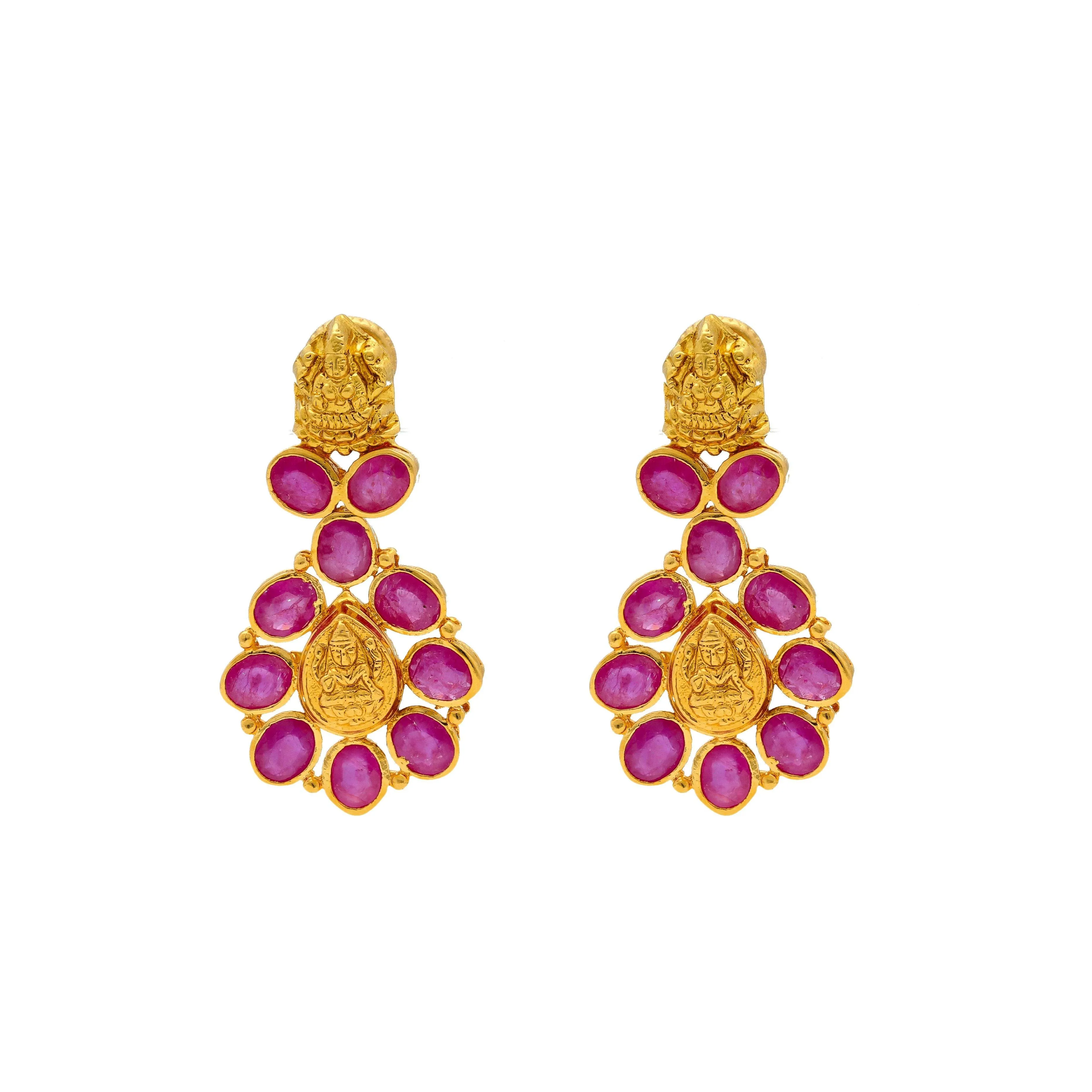 22K Yellow Gold Laxmi Necklace & Earrings Set W/ Rubies & Teardrop Laxmi Accents